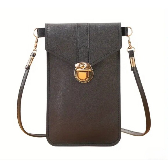 Fuaz leather black Crossbody cellphone phone bag with gold latch - Picture 1 of 1